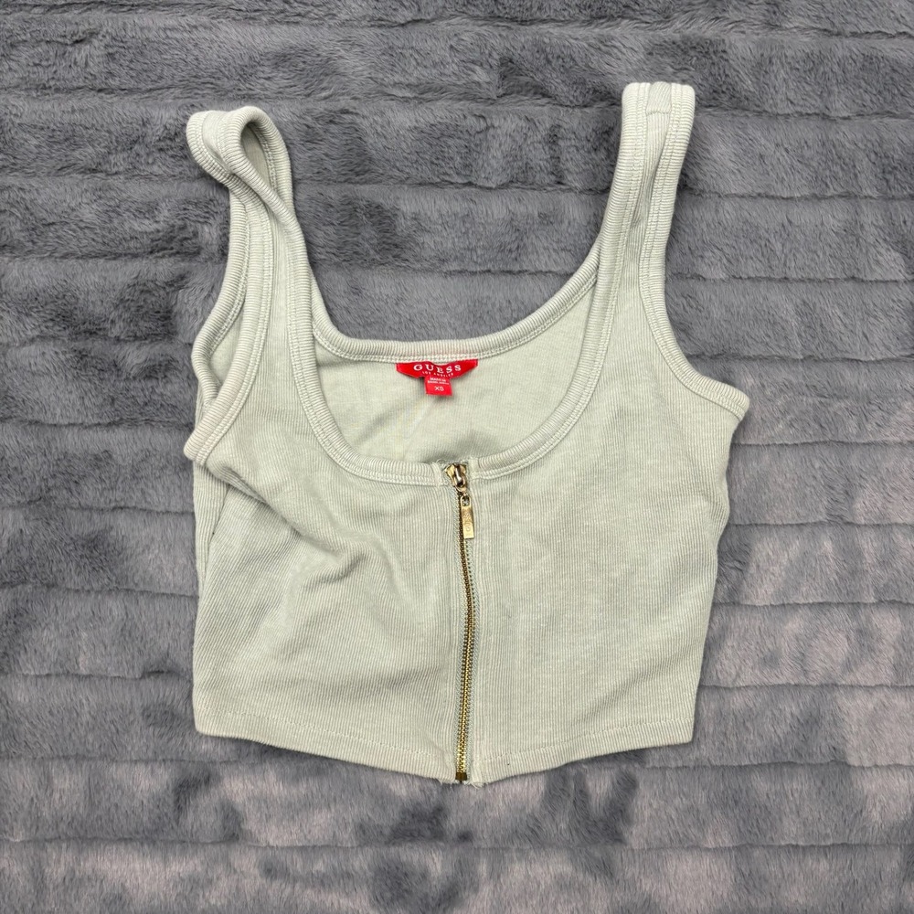 Guess Zip Front Tank Top Womens XS Sage Green Ribbed Cropped Q1BP06K6O00